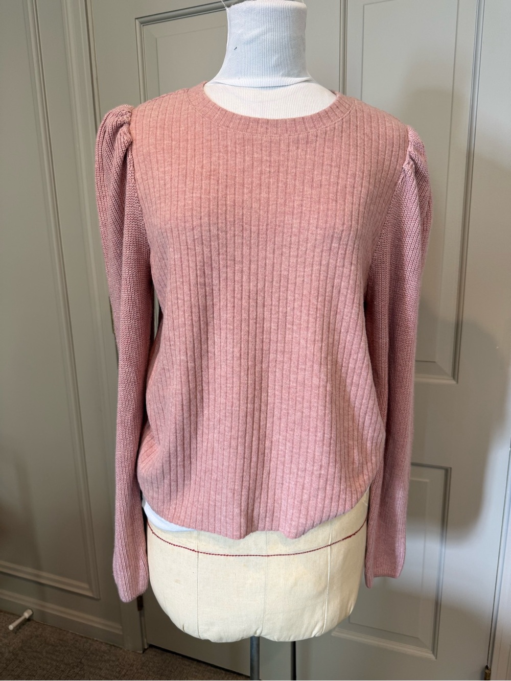 Splendid London Soft Ribbed Puff-Sleeve Sweater Top Dusty Pink Large